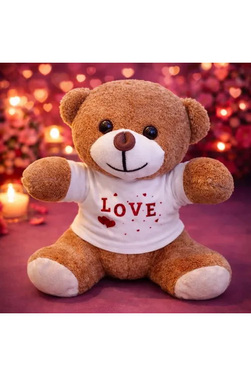 Love Baskılı Tişörtlü Kahverengi Peluş Ayıcık