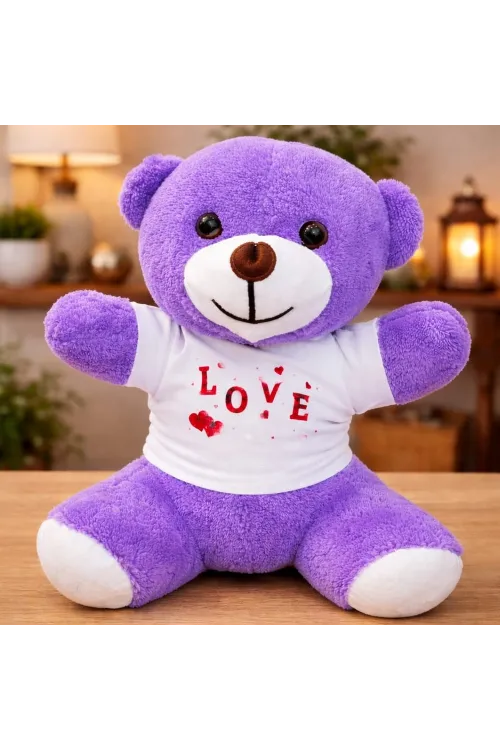 Love Baskılı Tişörtlü Peluş Mor Ayıcık