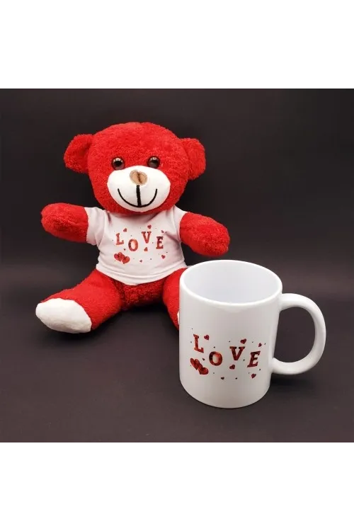 Love Tasarımlı Kupa Bardak Ve Kırmızı Ayıcık Seti