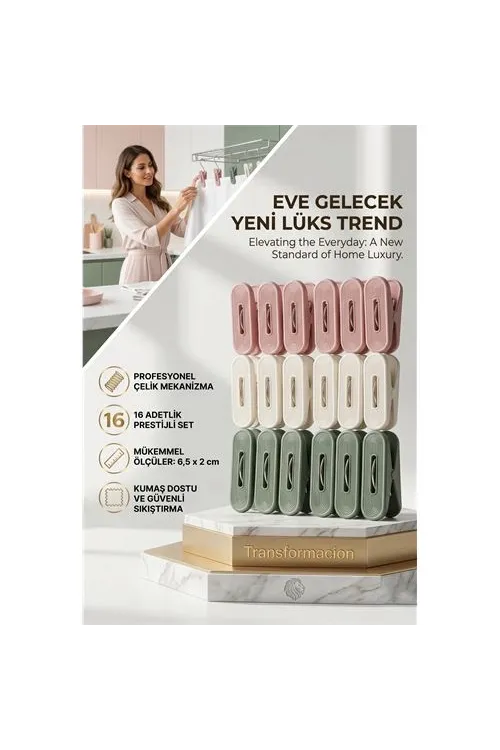 Lüks Çamaşır Mandalı Seti | 16lı Çelik Yaylı İz Bırakmaz Profesyonel Mandal 723087
