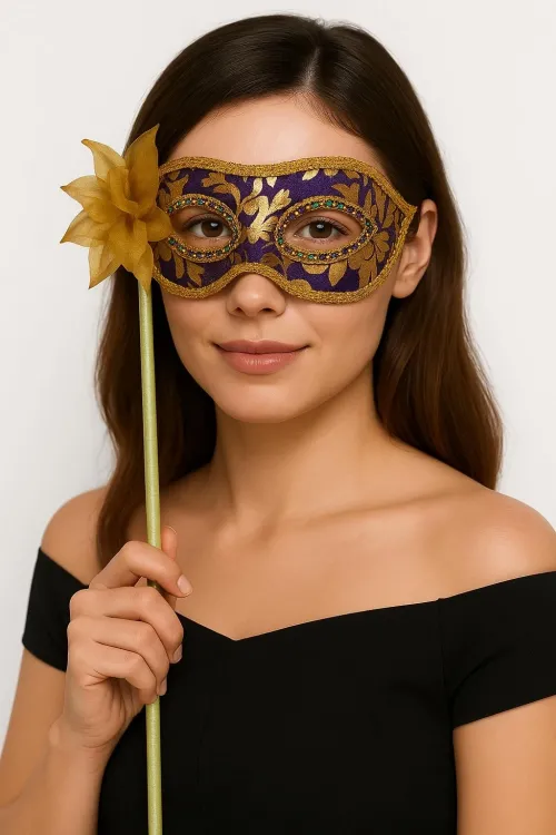 Lüks Taşlı Saplı Maskeli Balo Maskesi Mor Renk 35 Cm