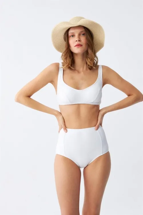  Kadın Basic Beyaz Pedli Yüksek Bel Bikini Takımı