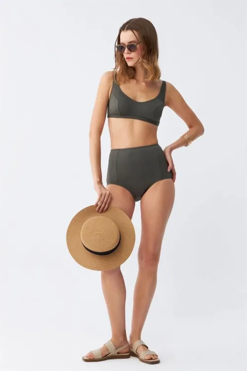  Kadın Basic Haki Pedli Yüksek Bel Bikini Takımı