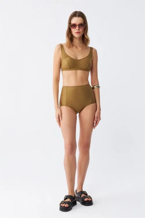  Kadın Basic Hardal Pedli Yüksek Bel Bikini Takımı