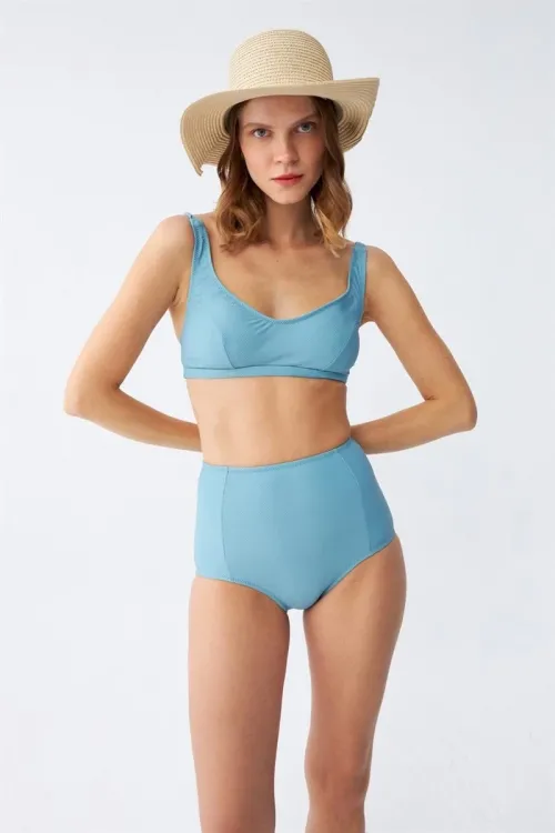  Kadın Basic Turkuaz Pedli Yüksek Bel Bikini Takımı