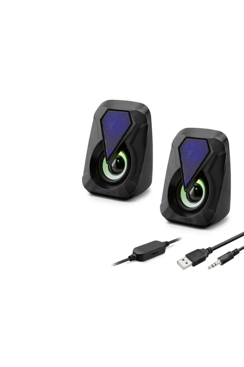 Masaüstü Hoparlör 1+1 USB + 3.5mm LED - Siyah HD6054