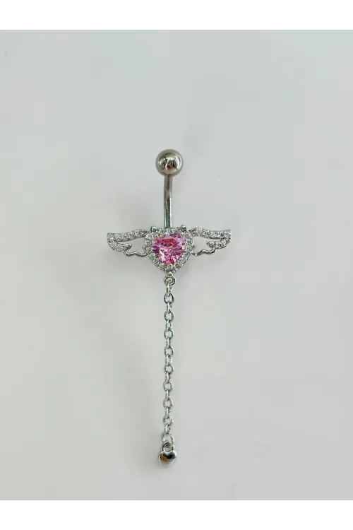 Melek Kanatlı  Pembe Taşlı Kalp Detaylı Sallantılı  Göbek Piercing - Pg0104