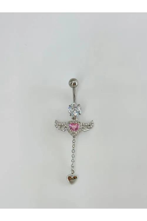 Melek Kanatlı Pembe Taşlı Sallantılı Göbek Piercing - Pg0124