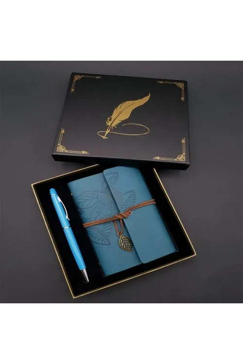 Metal Kalem ve Mavi Deri Defter