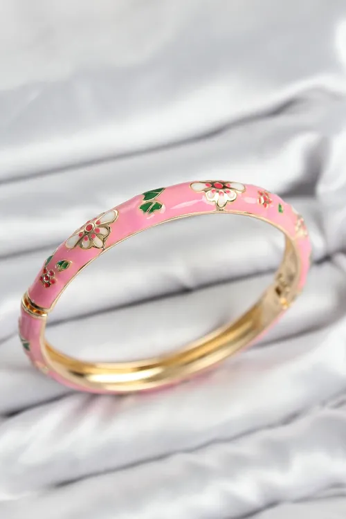 ietaks™ Mineli Pirinç Pembe Çiçek Motifli Gold Kadın Kelepçe