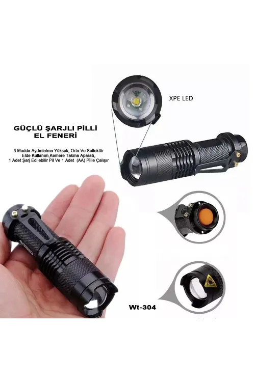 Mini Güçlü Şarjlı Pilli El Feneri  Wt-304