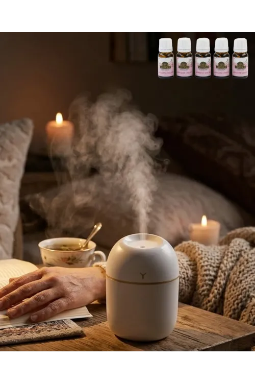 Mini Nemlendirici 5 Esans Hediyeli Led Işıklı Taşınabilir Aromaterapi Buhar Makinesi