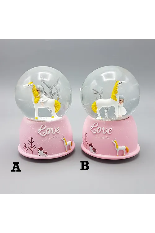 Mini Pembe Kar Küresi - Sevimli Unicorn ve Kız Tasarımlı - Işıklı