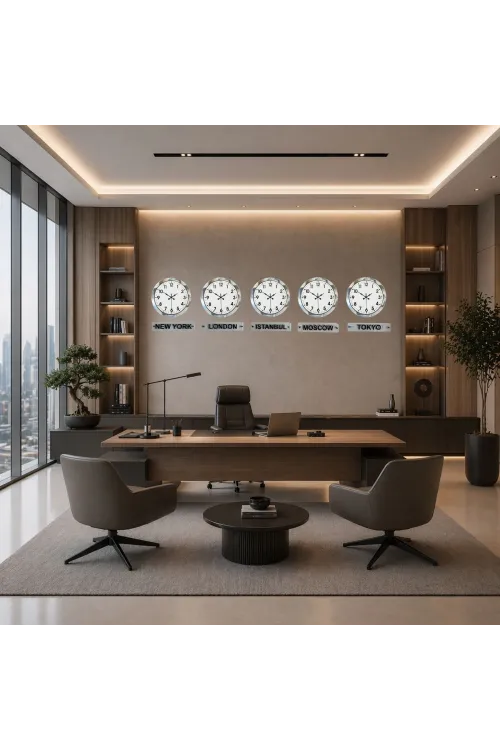Modern Krom 5’li 36 Cm Metal Tabelalı Dünya Saatleri