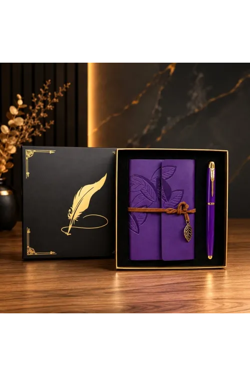 Mor Yaprak Desenli Deri Defter Ve Roller Metal Kalem