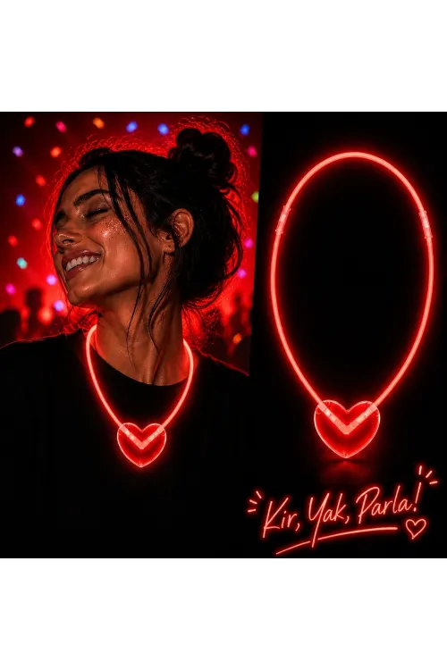Neon Işıklı Fosforlu Kalp Parti Kolyesi Kırmızı Renk