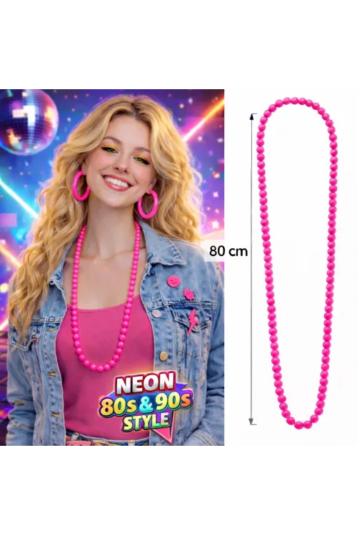 Neon Pembe Boncuk Kolye 80 cm – Retro 80’ler 90’lar Parti Aksesuarı