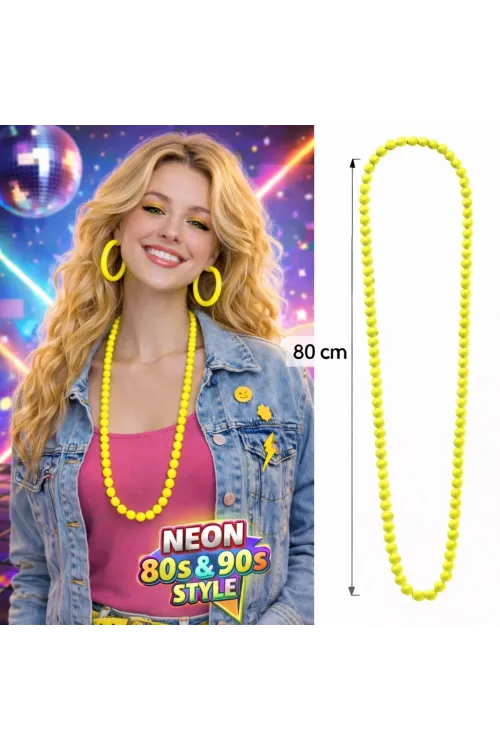 Neon Sarı Boncuk Kolye 80 cm – Retro 80’ler 90’lar Parti Aksesuarı