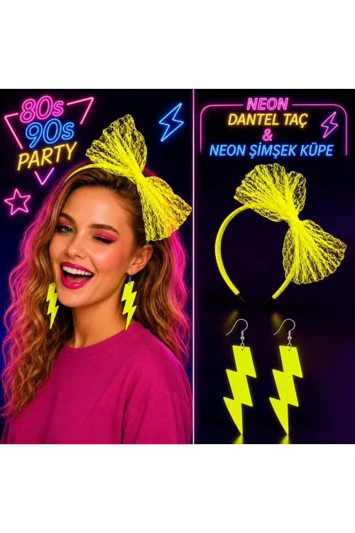 Neon Sarı Dantel Taç ve Şimşek Küpe 80'ler 90'lar Parti Seti
