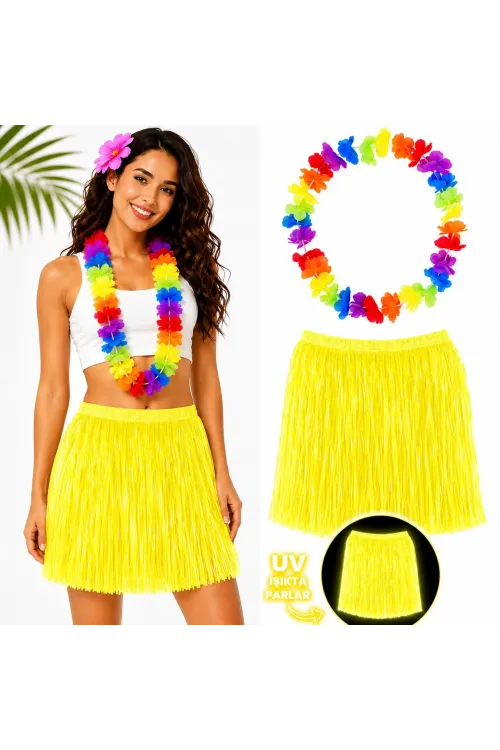 Neon Sarı Hawaii Etek 40 cm ve Rengarenk Hawaii Kolye