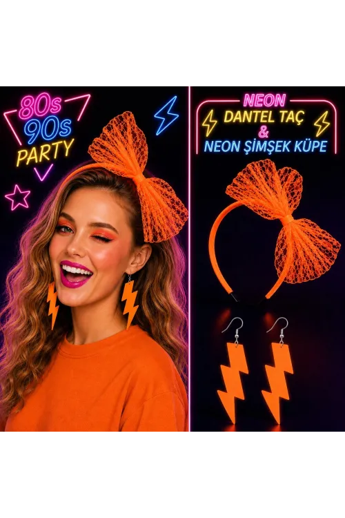 Neon Turuncu Dantel Taç ve Şimşek Küpe 80'ler 90'lar Parti Seti