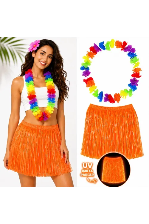 Neon Turuncu Hawaii Etek 40 cm ve Rengarenk Hawaii Kolye