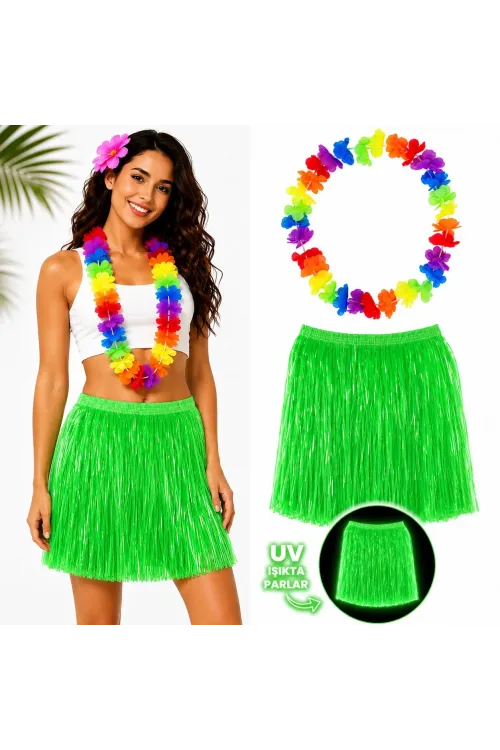 Neon Yeşil Hawaii Etek 40 cm ve Rengarenk Hawaii Kolye