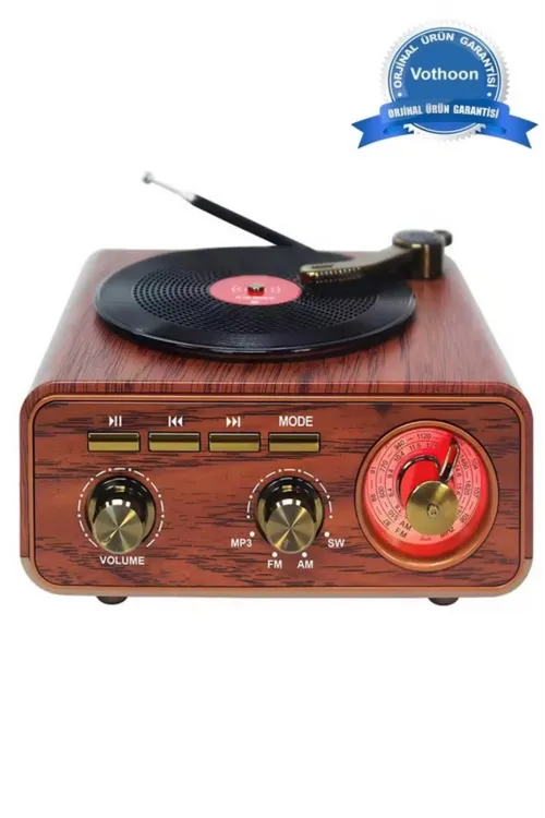 Nostaljik Tasarım Plak Çalar Görünümlü Radyolu Bluetooth Hoparlör Retro Müzik Plak