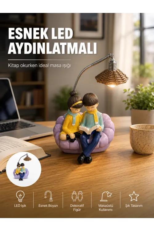 Okuyan Çift Figürlü Dekoratif Gece Lambası Hediye Seçeneği