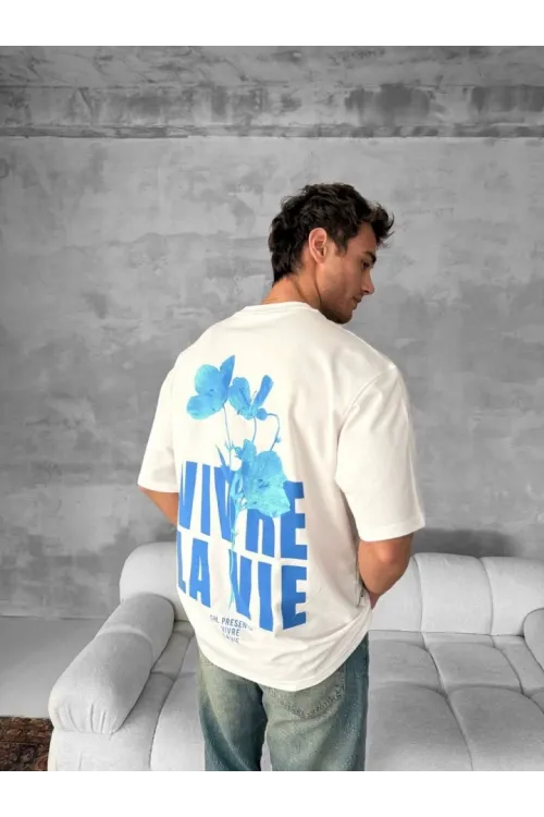 Ön Ve Arka Baskılı Oversize Bisiklet Yaka T-shirt- Beyaz