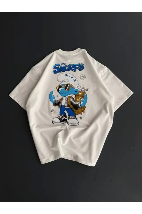 Ön Ve Arka Baskılı Oversize Bisiklet Yaka T-shirt- Beyaz