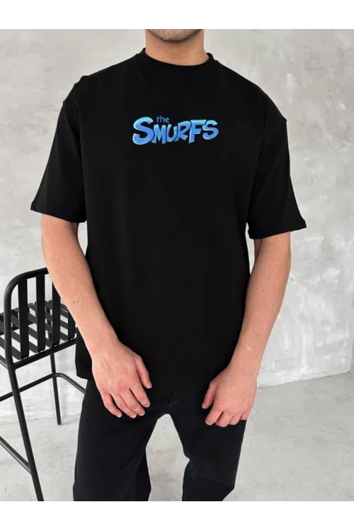 Ön Ve Arka Baskılı Oversize Bisiklet Yaka T-shirt- Siyah