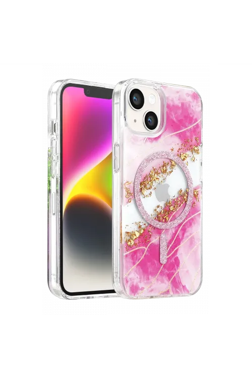 Onegif Apple İphone 14 Lotus Simli Magsafe Kapak - Pembe