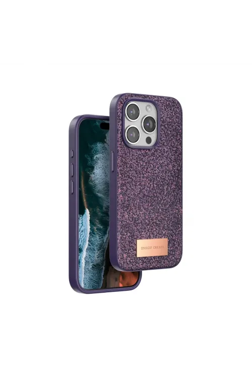 Onegif Apple İphone 14 Pro Bright Simli Kapak - Derin Mor