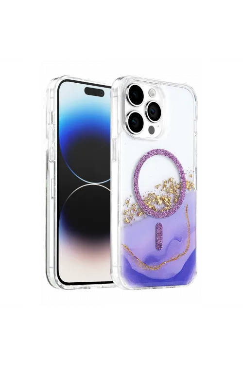 Onegif Apple İphone 14 Pro Max Lotus Simli Magsafe Kapak - Mor