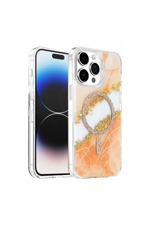 Onegif Apple İphone 14 Pro Max Lotus Simli Magsafe Kapak - Turuncu