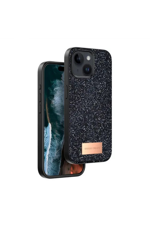 Onegif Apple İphone 15 Bright Simli Kapak - Siyah