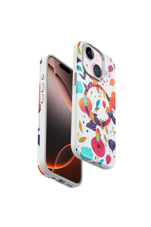 Onegif Apple İphone 15 Plus Flower Series Magsafe Kapak - Beyaz