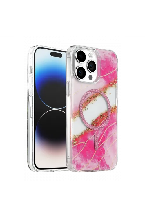 Onegif Apple İphone 15 Pro Max Lotus Simli Magsafe Kapak - Pembe