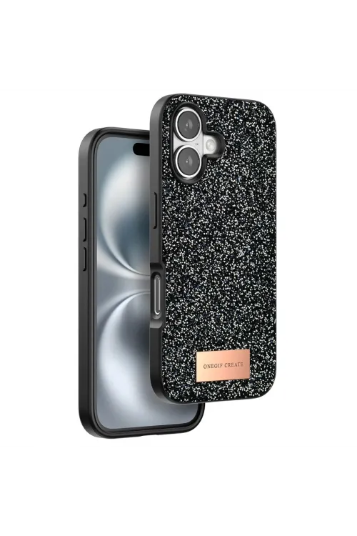 Onegif Apple İphone 16 Bright Simli Kapak - Siyah