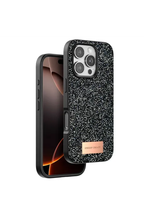 Onegif Apple İphone 16 Pro Bright Simli Kapak - Siyah