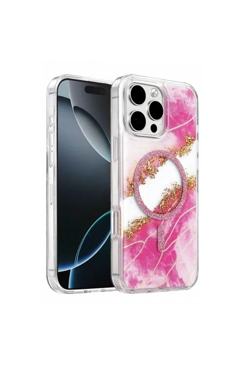 Onegif Apple İphone 16 Pro Max Lotus Simli Magsafe Kapak - Pembe