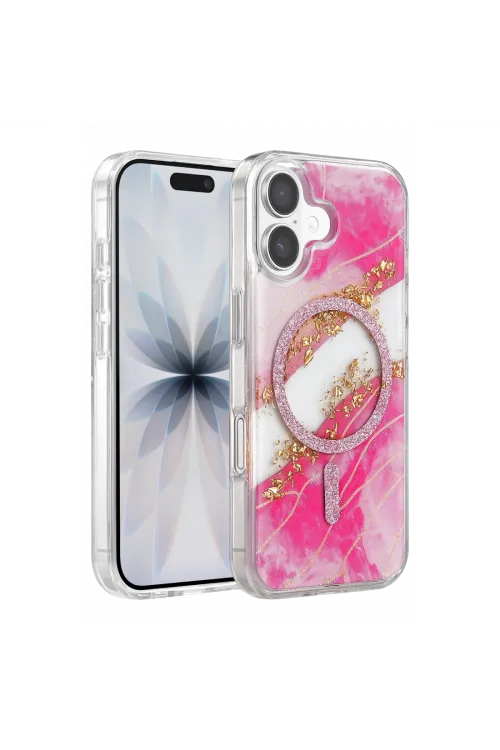 Onegif Apple İphone 17 Lotus Simli Magsafe Kapak - Pembe