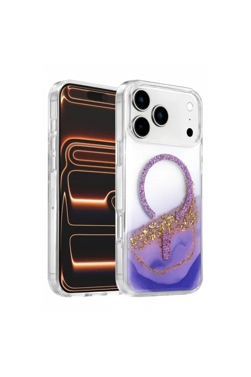 Onegif Apple İphone 17 Pro Lotus Simli Magsafe Kapak - Mor