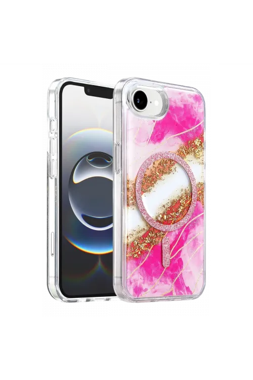 Onegif Apple İphone 17e Lotus Simli Magsafe Kapak - Pembe