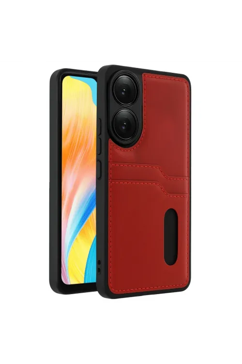Oppo A38 Sara Kartvizitli Deri Kılıf - Kırmızı