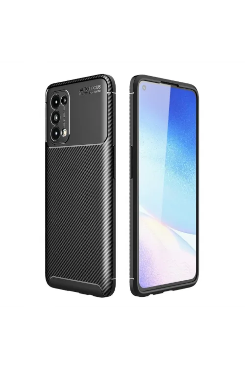 Oppo Reno 5 Kılıf Auto Focus Karbon Kapak - Siyah