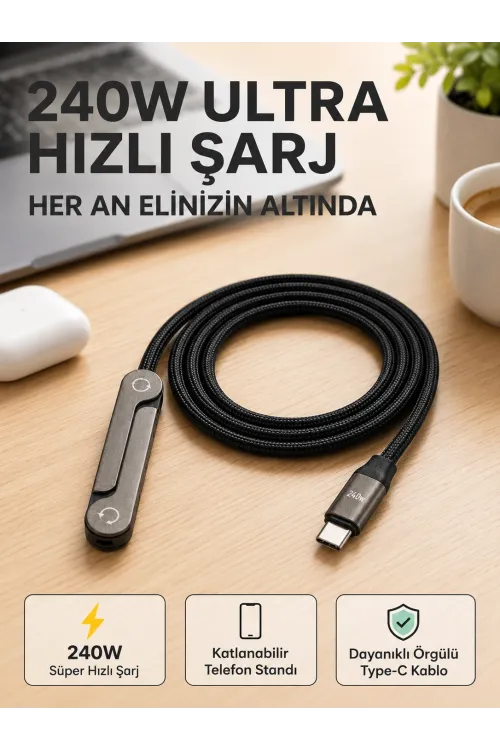 Örgülü 240w Type-c Katlanabilir Telefon Standlı Şarj Kablosu