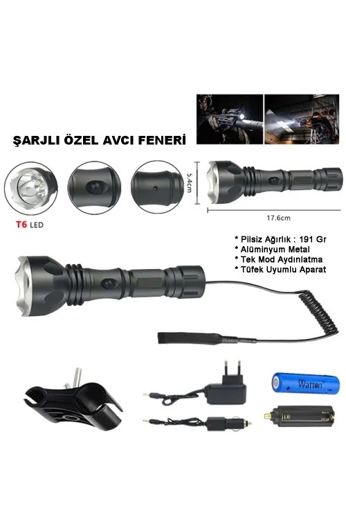 Orjinal 600 Lümen Tx6 Şarjlı Özel Avcı Feneri  Wt-253