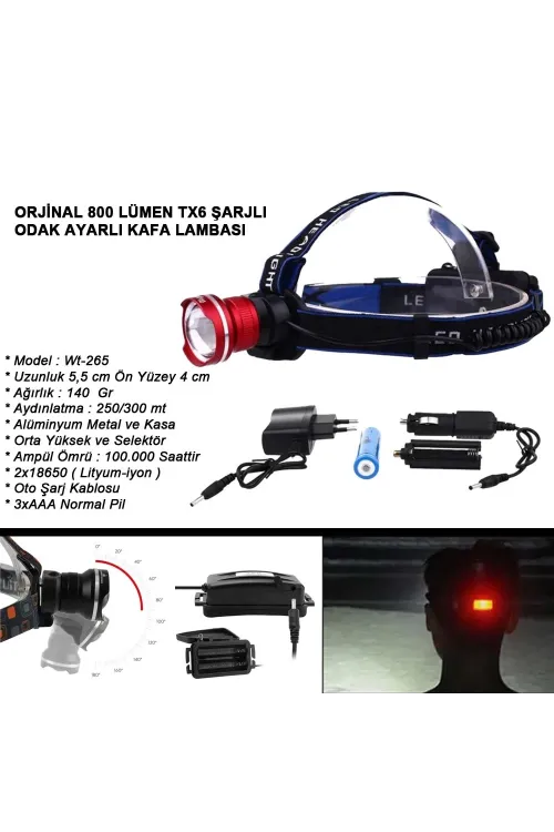 Orjinal 800 Lümen T6 Şarjlı Kafa Feneri  Wt-265